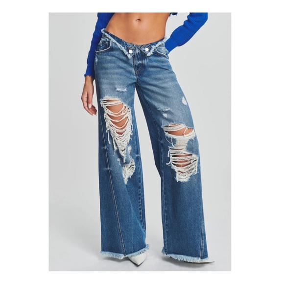 New! SER.O.YA “Ollie” Fold Over Wide Leg Distressed Jeans in Bayside Blue - Picture 2 of 13